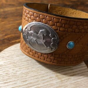 Brown Leather Bracelet with Silver Horse Emblemhand made in California